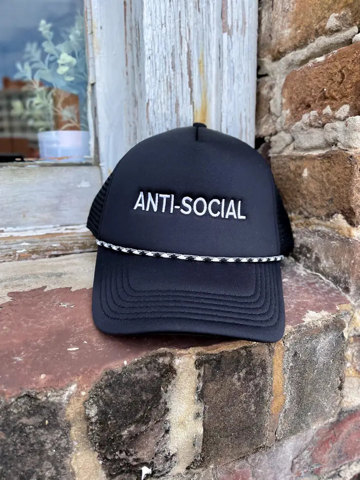 black trucker Hat, "Anti-Social" embroidery.