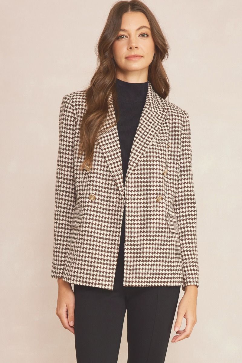 Take a risk in the All of a Sudden Jacket! This stylishly bold houndstooth blazer features button detailing, pockets, and inner lining, offering you the perfect combination of sophistication and comfort. Make an impact and face every challenge with confidence. Pair with the matching shorts to complete this set!