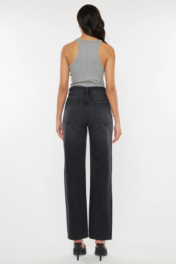super-stretchy vintage-inspired High Waist Kan Can Jeans! With a zipper fly and 90s-inspired wide leg, modern black jean