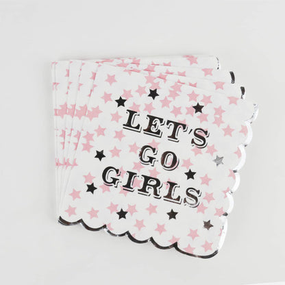 Get ready to bring a sparkle of elegance and entertainment to any event with Disco Party Paper Beverage Napkin Packs! These wonderful paper napkins feature scalloped edges and sweet pink stars with silver writing that reads, "Let's Go Girls." Shining with stylishness, these gorgeous napkins bring out the glitz and glamor in any gathering. 