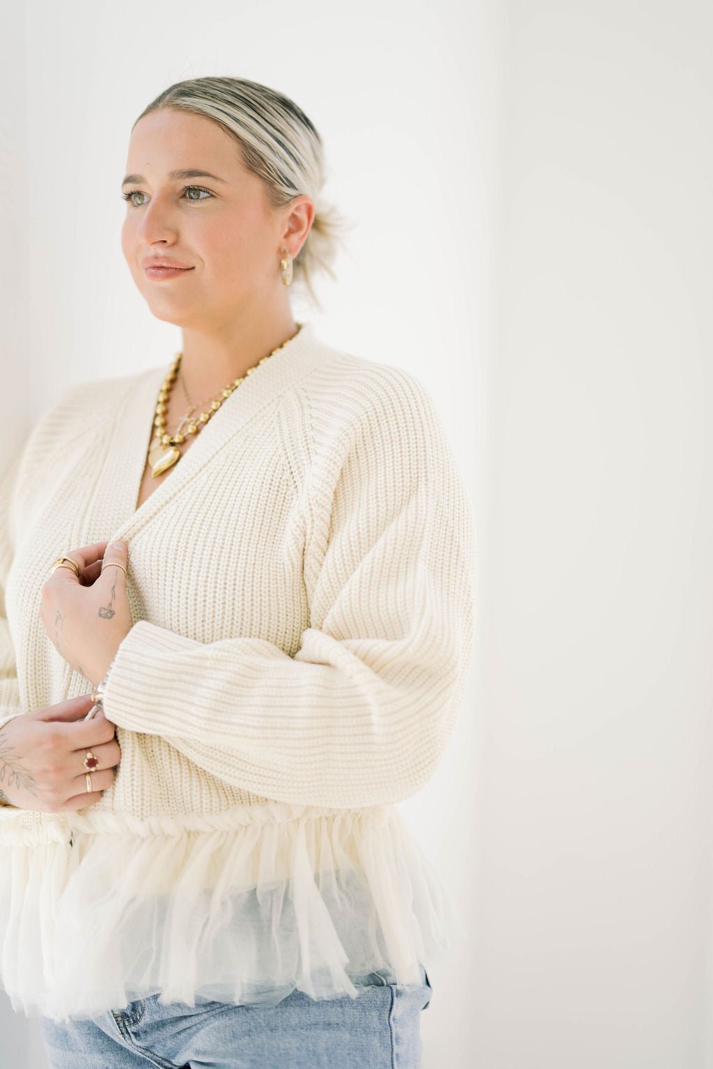 Gather Together Tulle Hem Cardigan - Tops - Sweaters - Heyson
