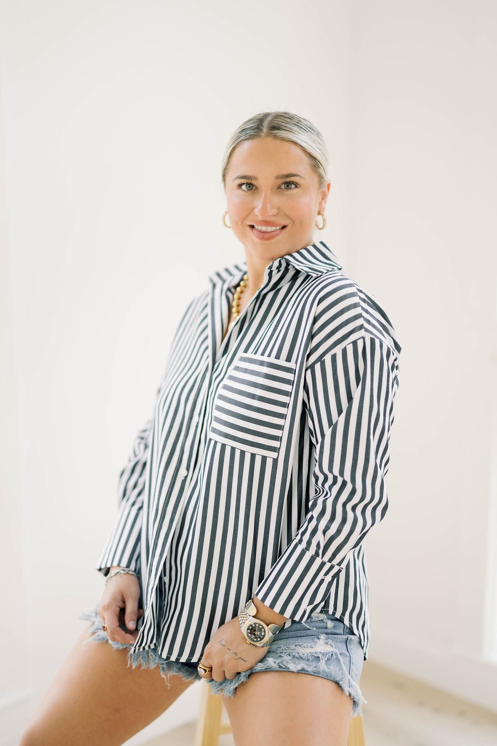 Go Times Striped Button Down Shirt - Tops - Blouses - Q2