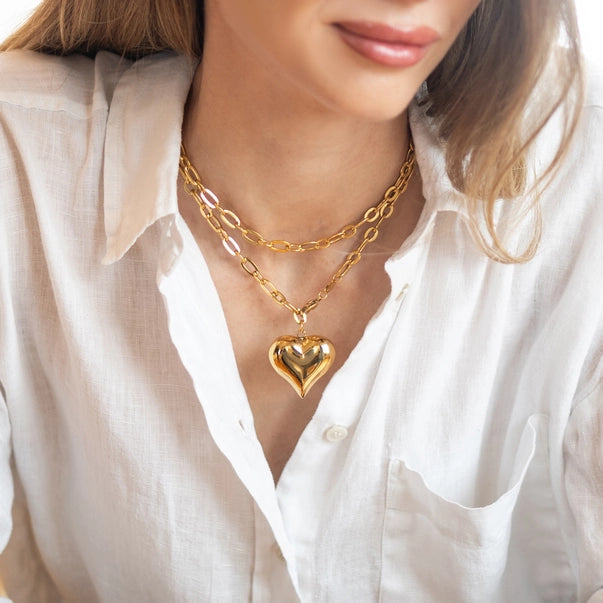 Adjustable Gold Puffy Heart Necklace