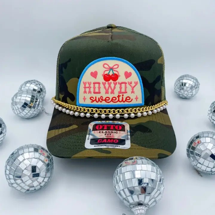 Howdy Sweetie Gold/Pearl Chain Camo Trucker Hat - Accessories - Hats - Coco & Rho