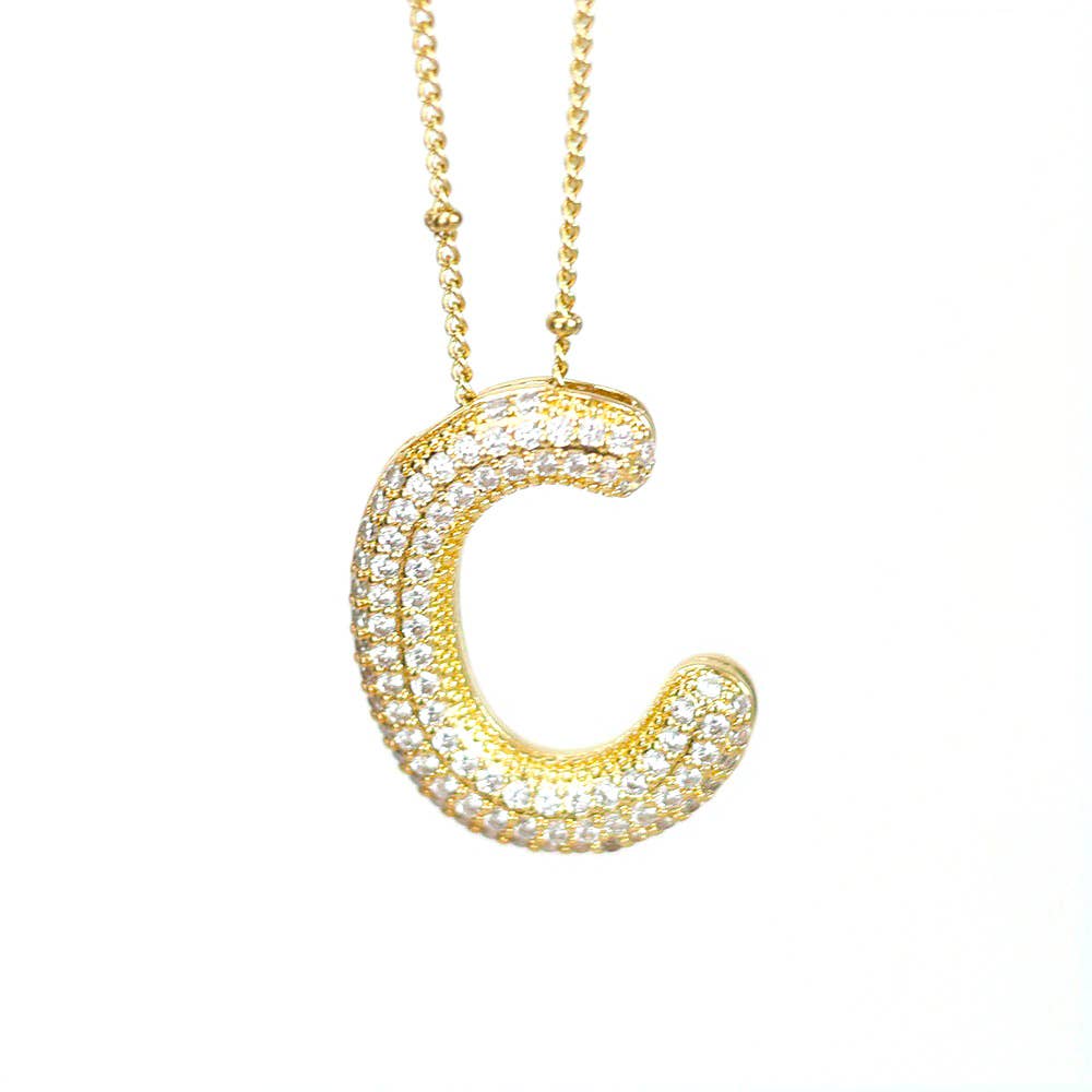 Initial SCRIPT CZ Balloon Bubble Gold Necklaces - Jewelry - Necklaces - Savy Bling