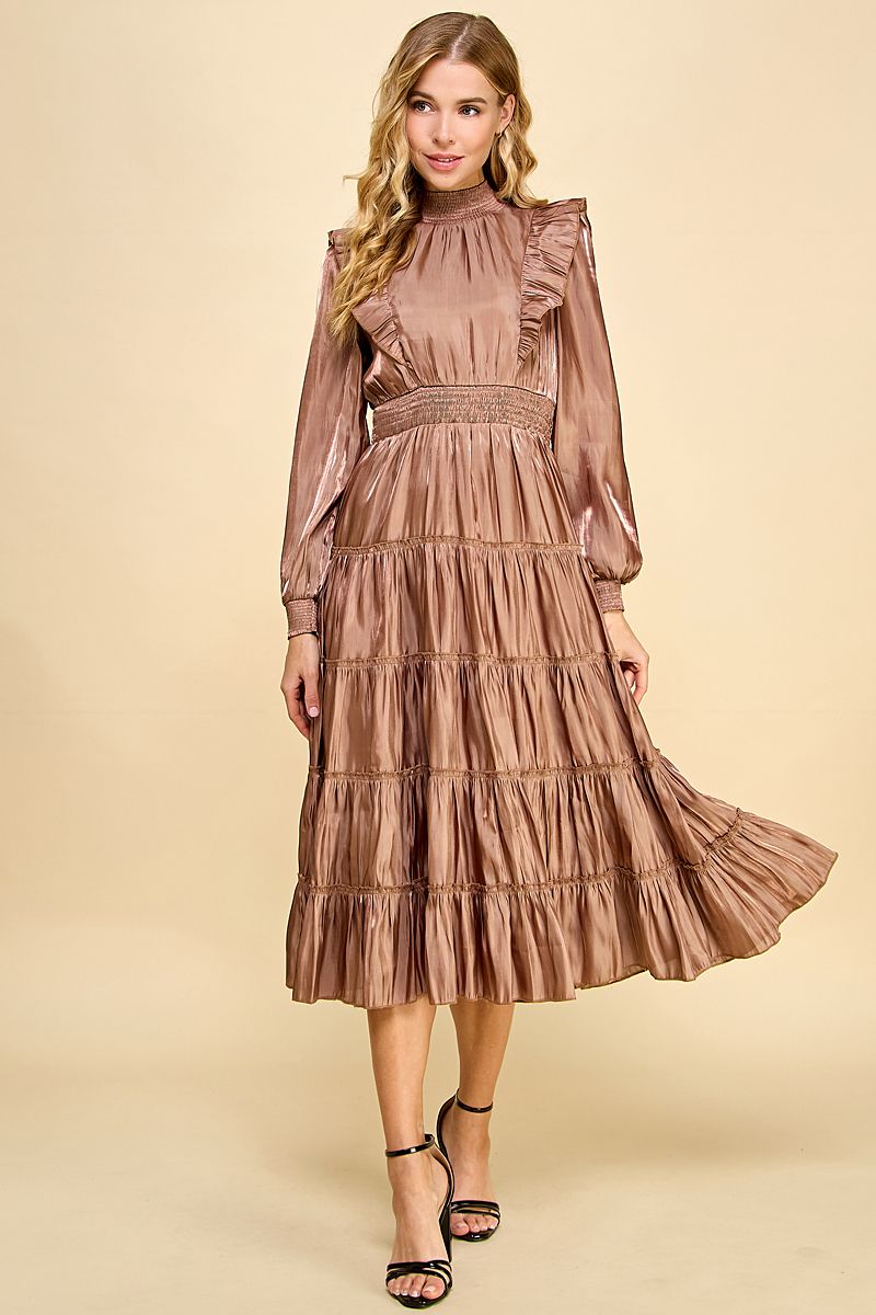 Falling head-over-heels for this Love You Latte dress! Our mock neck, tiered ruffle midi dress is the perfect blend of stylish and comfortable. With an elastic waistband, ruffle details on the long sleeves, and a back keyhole, you'll look amazing (and feel amazing, too)!