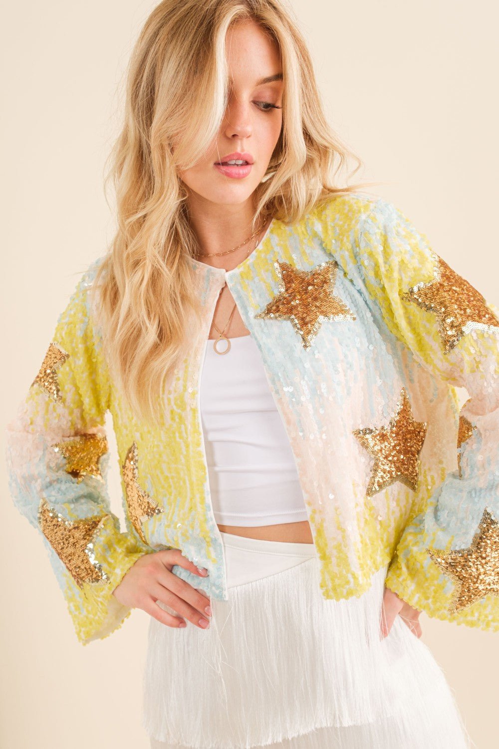 Shine Bright Sequin Star Crop Cardigan - Outerwear - Jackets - Blue B