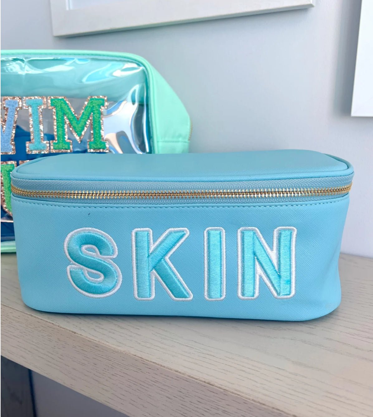 SKIN Blue Leather Travel Makeup Bag - Accessories - Travel - Kenz Kustomz