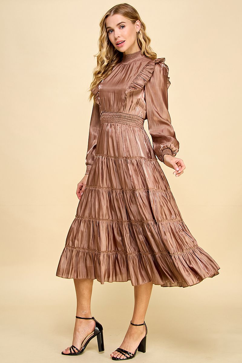Falling head-over-heels for this Love You Latte dress! Our mock neck, tiered ruffle midi dress is the perfect blend of stylish and comfortable. With an elastic waistband, ruffle details on the long sleeves, and a back keyhole, you'll look amazing (and feel amazing, too)!