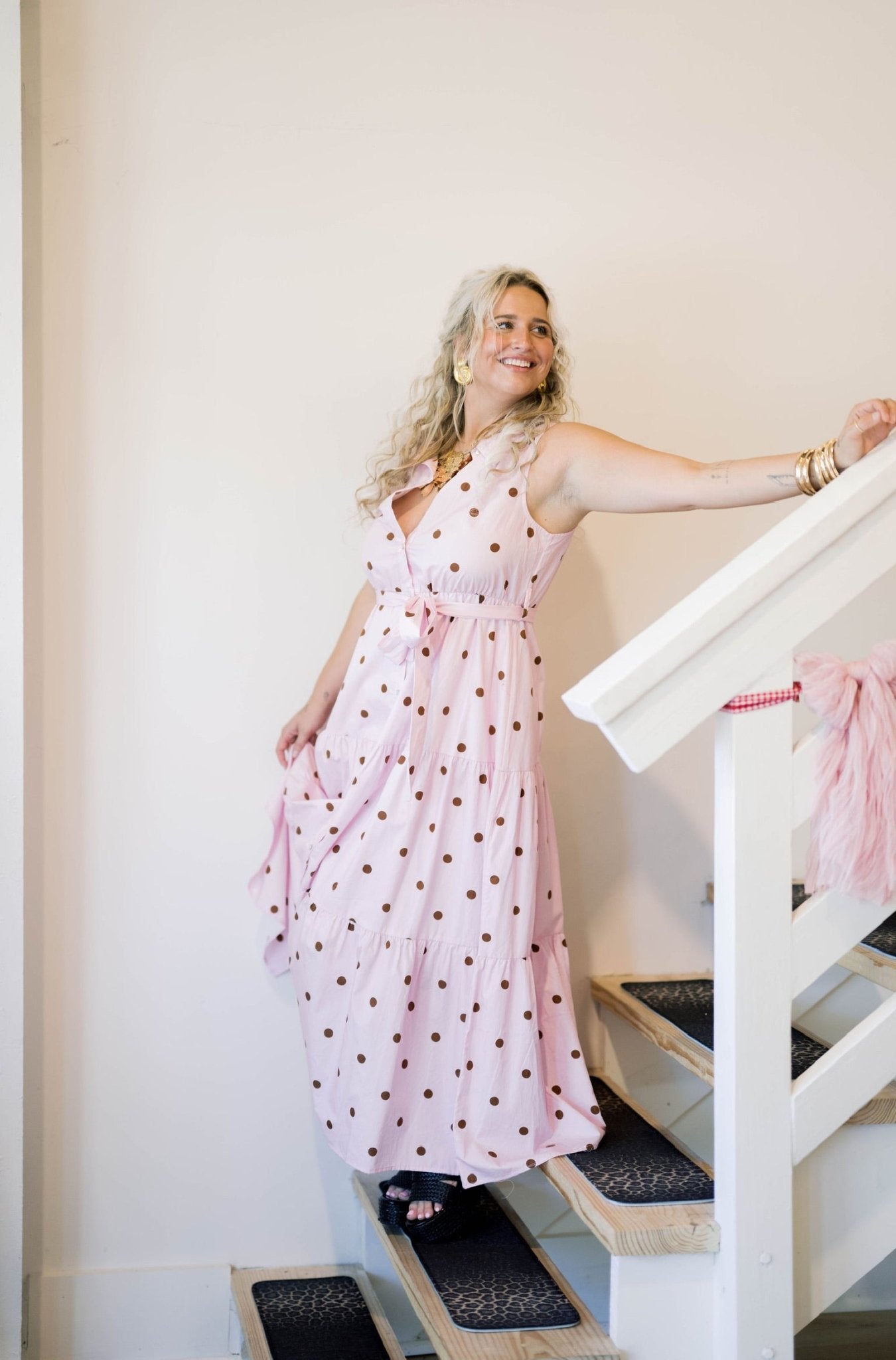 Tea Garden Party Dot Dress Pink/Brown / Large