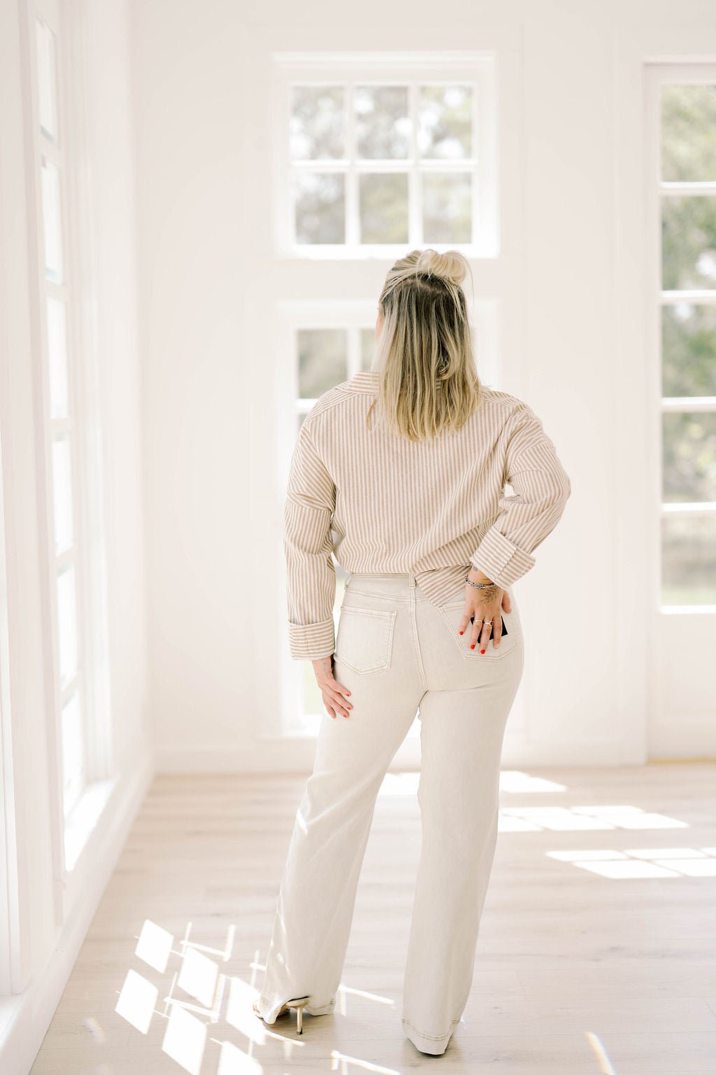 The High Rise Slim Wide Leg Beige Jeans - Bottoms - Pants - Saige Denim