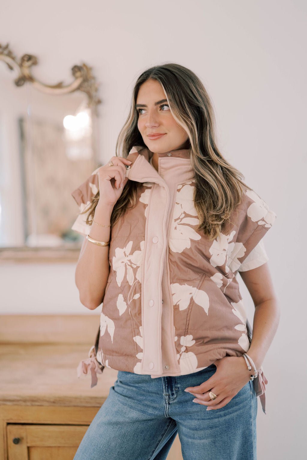 Wildflower Picking Floral Corduroy Puff Vest - Outerwear - Vests - Peach Love CA