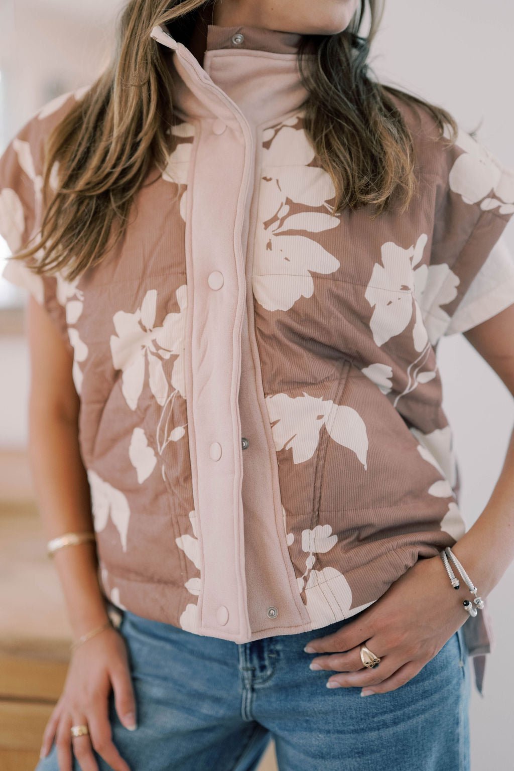 Wildflower Picking Floral Corduroy Puff Vest - Outerwear - Vests - Peach Love CA
