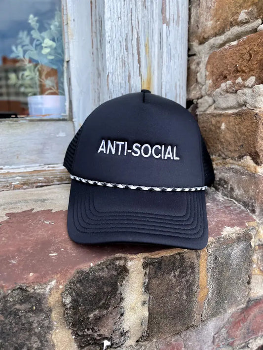 black trucker Hat, "Anti-Social" embroidery.