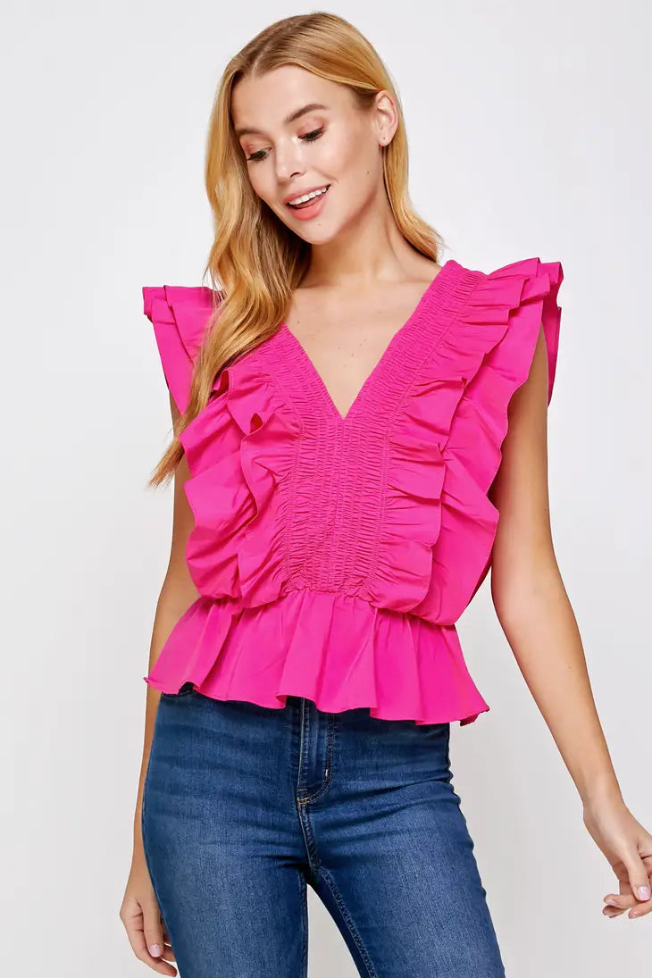 v neck pink ruffle top