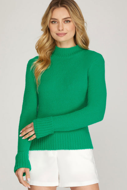 Green fuzzy sweater, mock turtle neck, comfortable sweater