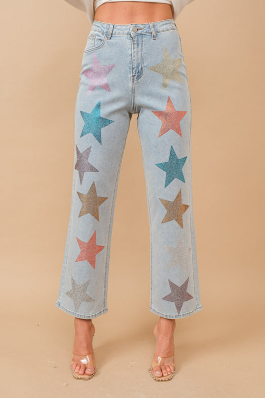 Shine Bright Jeans, high-quality denim, these straight-leg jeans are adorned with multi-colored stars