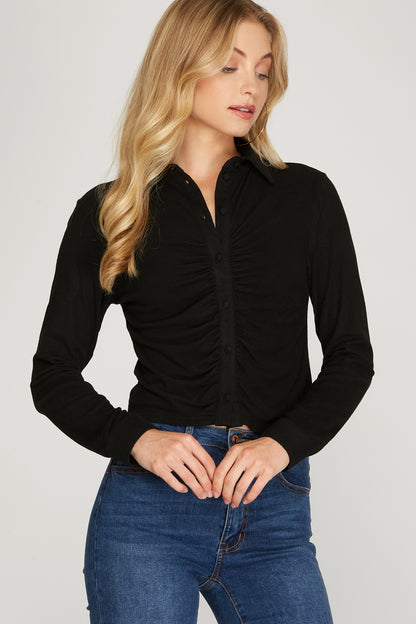 Black button down top.  Plush Comfort Top is the perfect choice; it's soft, stretchy and oh-so-comfy! Plus, the unique fabric blend makes it breathable and durable, so it can be your go to for every day! 