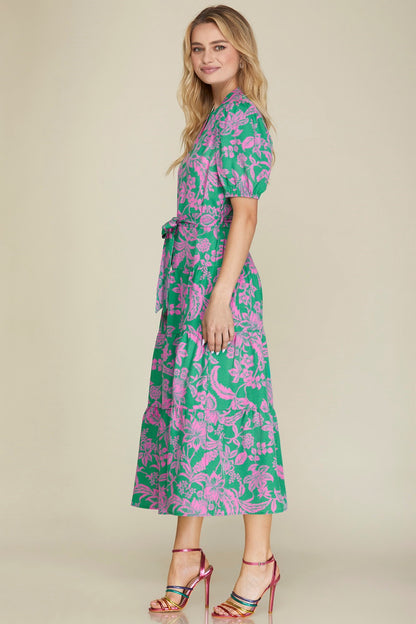 Colorful floral maxi dress, tie front, puff sleeves. Vacation Dress