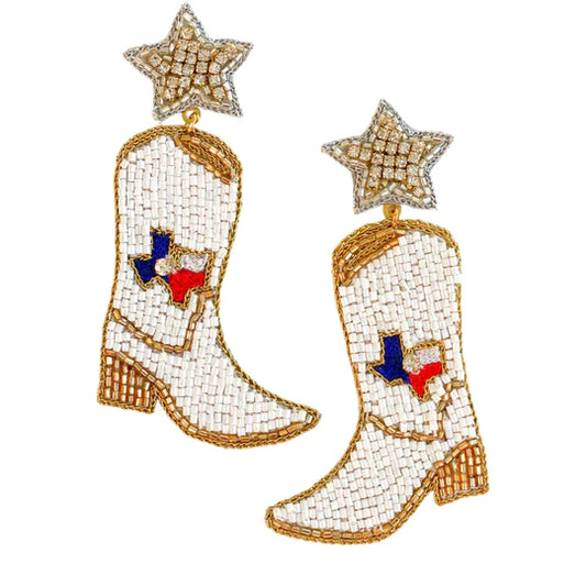 Inspired by the Texas Cowgirl, we made a special edition of cowboy boot earrings with the shape of Texas embroidered in the center.  A Star made with rhinestones, white and gold glass beads that make a perfect set of feminine cowboy boot earrings.