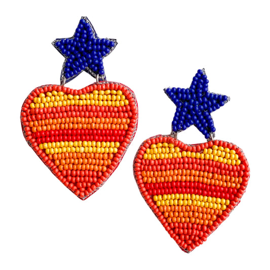 Go, Houston Astros! Cheer and show your love for the Astros baseball team in style with our custom design beaded Astros earrings in the shape of a heart with the Astros Vintage Colors and a blue star as a stud.