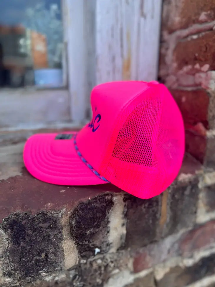 hot pink trucker hat with Basic embroidered 