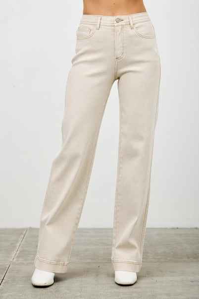 The High Rise Slim Wide Leg Beige Jeans