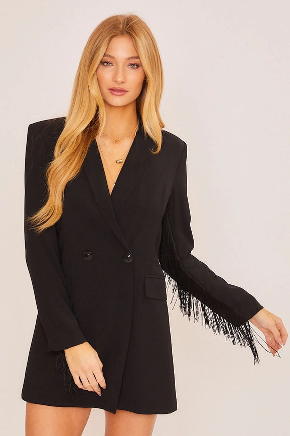 Be the life of the party in this blazer-style dress featuring fringe tassel detailing! Show off your fashion prowess and spark some conversations.