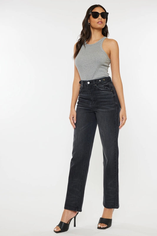 super-stretchy vintage-inspired High Waist Kan Can Jeans! With a zipper fly and 90s-inspired wide leg, black jean