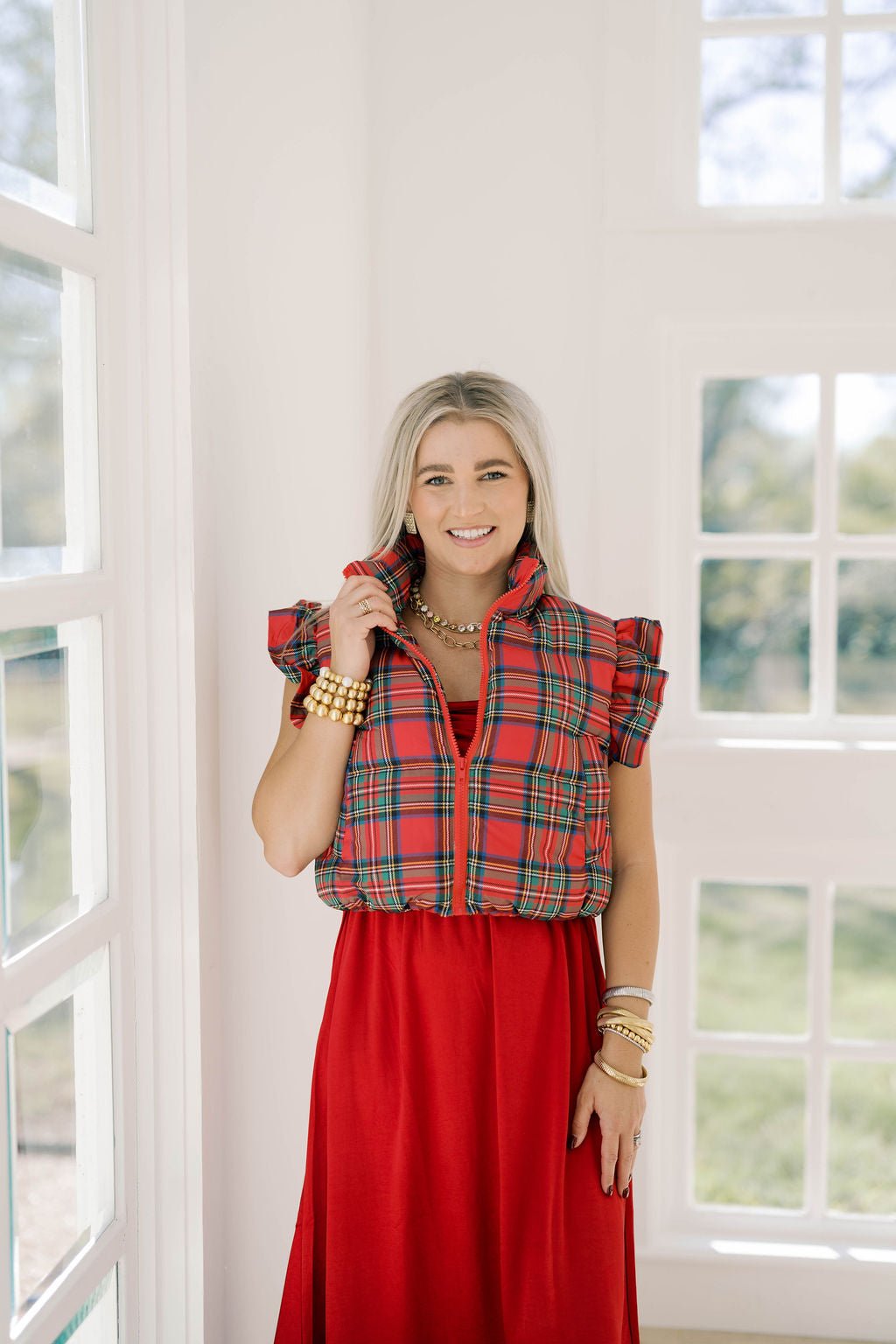 Blissful Time Plaid Puffer Vest - Outerwear - Vests - Peach Love CA