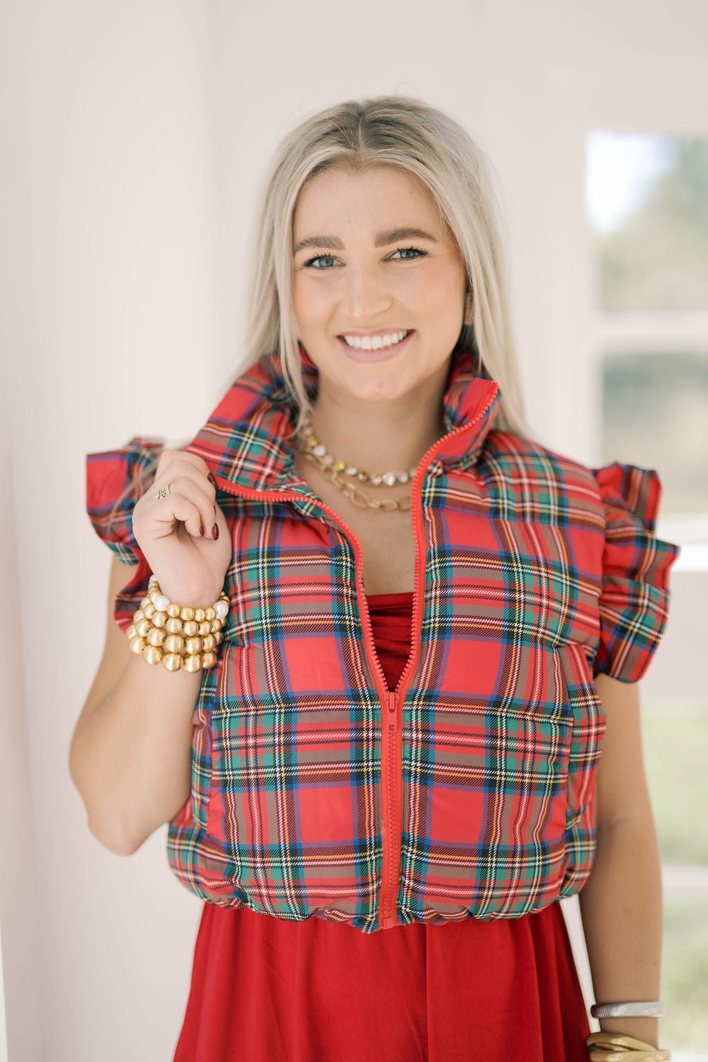 Blissful Time Plaid Puffer Vest - Outerwear - Vests - Peach Love CA