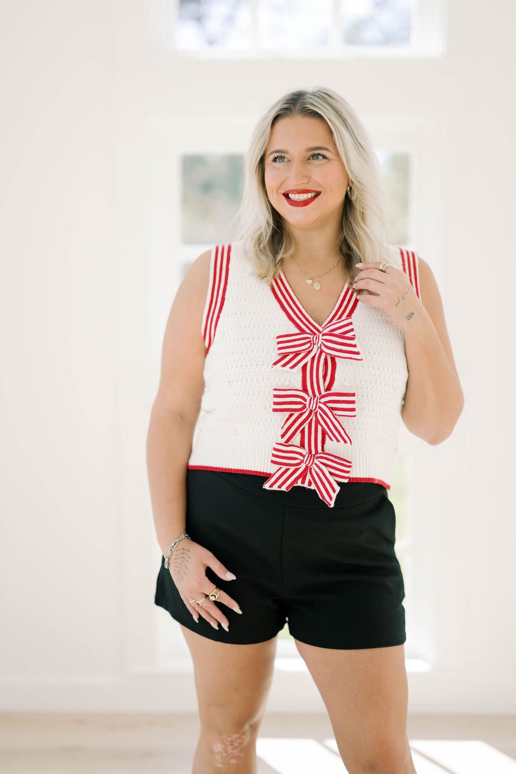 Candy Cane Bow Sweater Vest - Tops - Sweaters - Peach Love CA