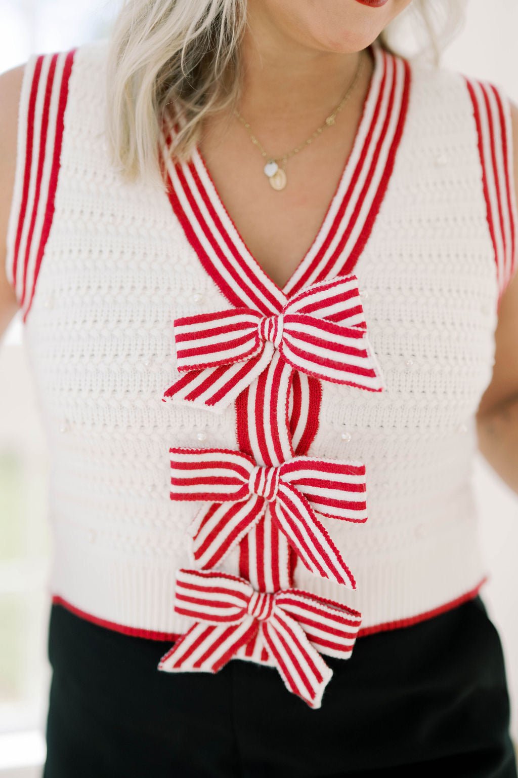 Candy Cane Bow Sweater Vest - Tops - Sweaters - Peach Love CA