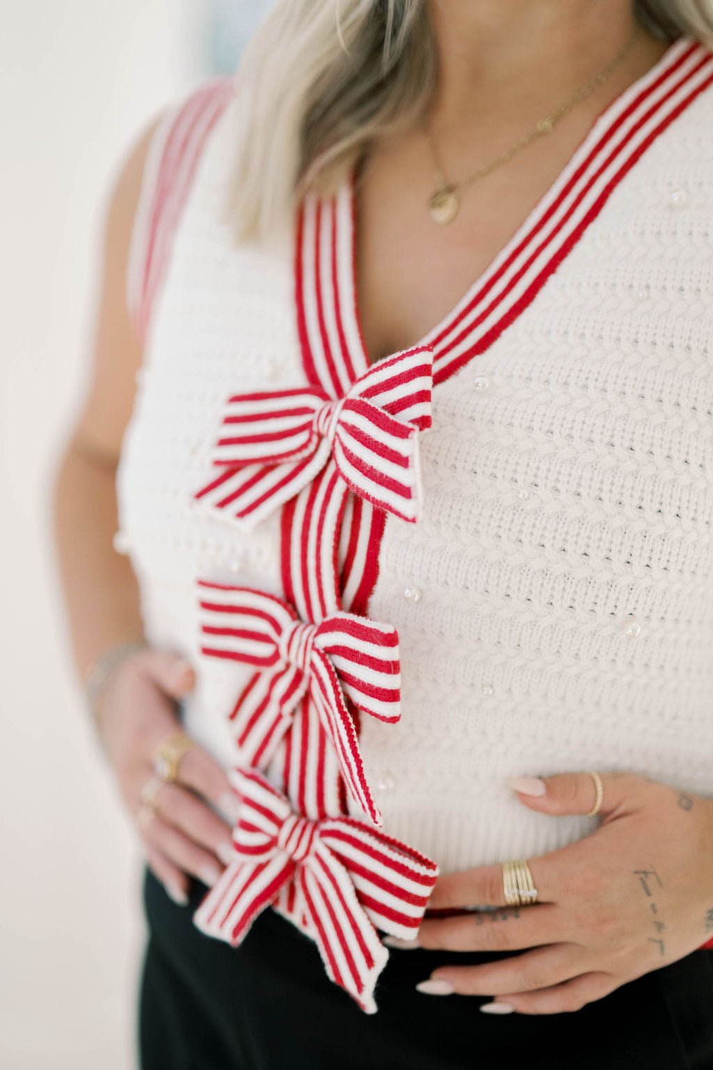 Candy Cane Bow Sweater Vest - Tops - Sweaters - Peach Love CA