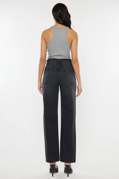 super-stretchy vintage-inspired High Waist Kan Can Jeans! With a zipper fly and 90s-inspired wide leg, modern black jean