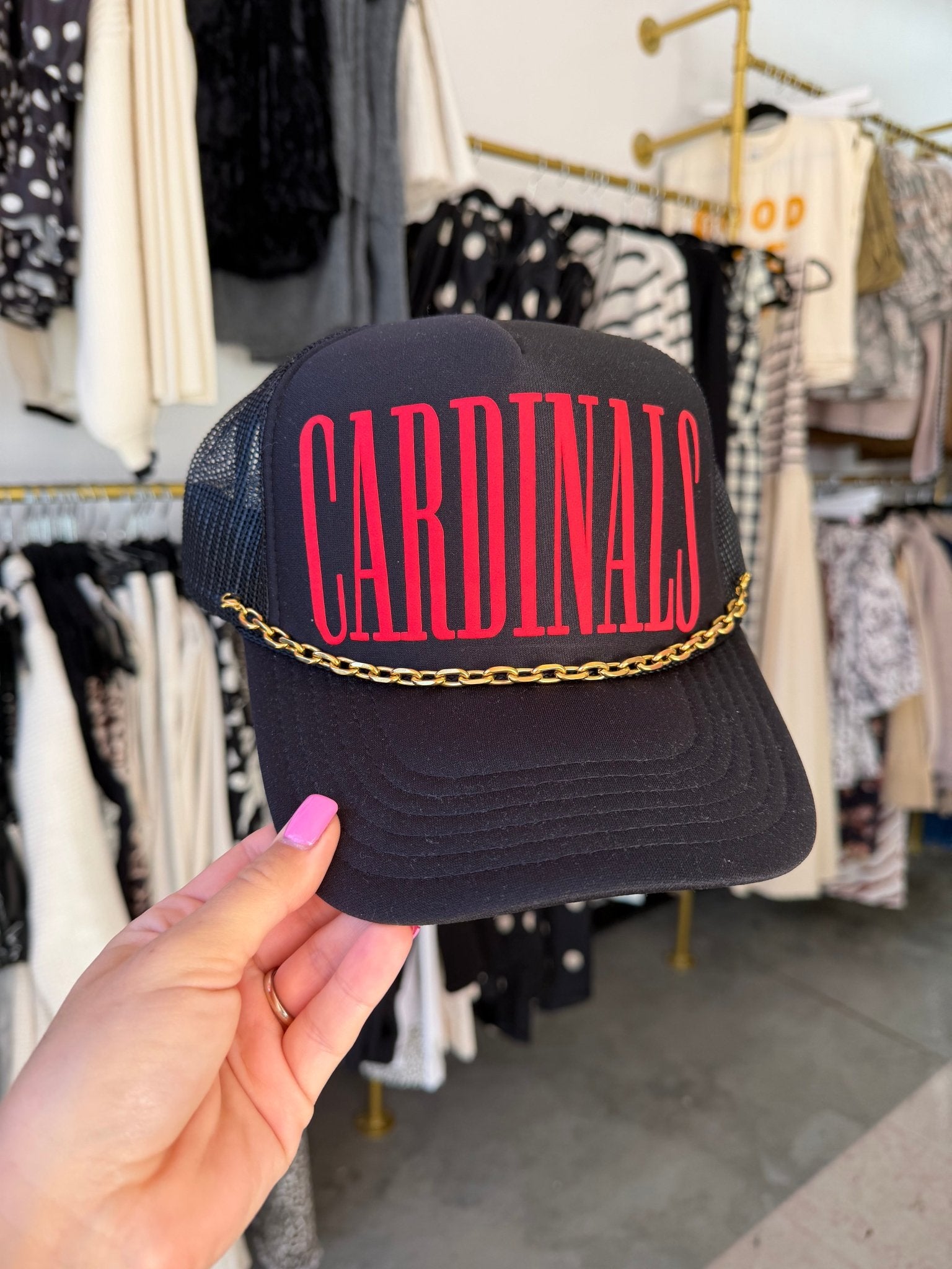 CARDINALS Black/Gold Chain Trucker Hat - Accessories - Hats - Summer Tees