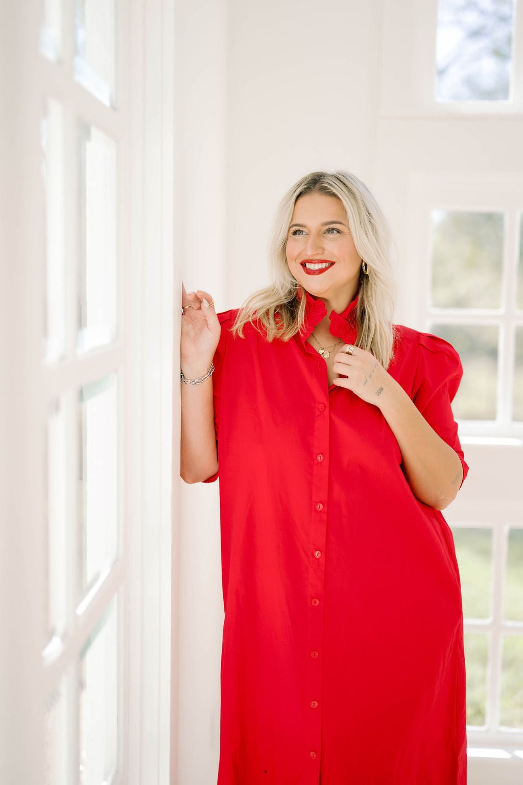 Cardinals Ruffle Collar Shirt Dress - Dresses - Adrienne