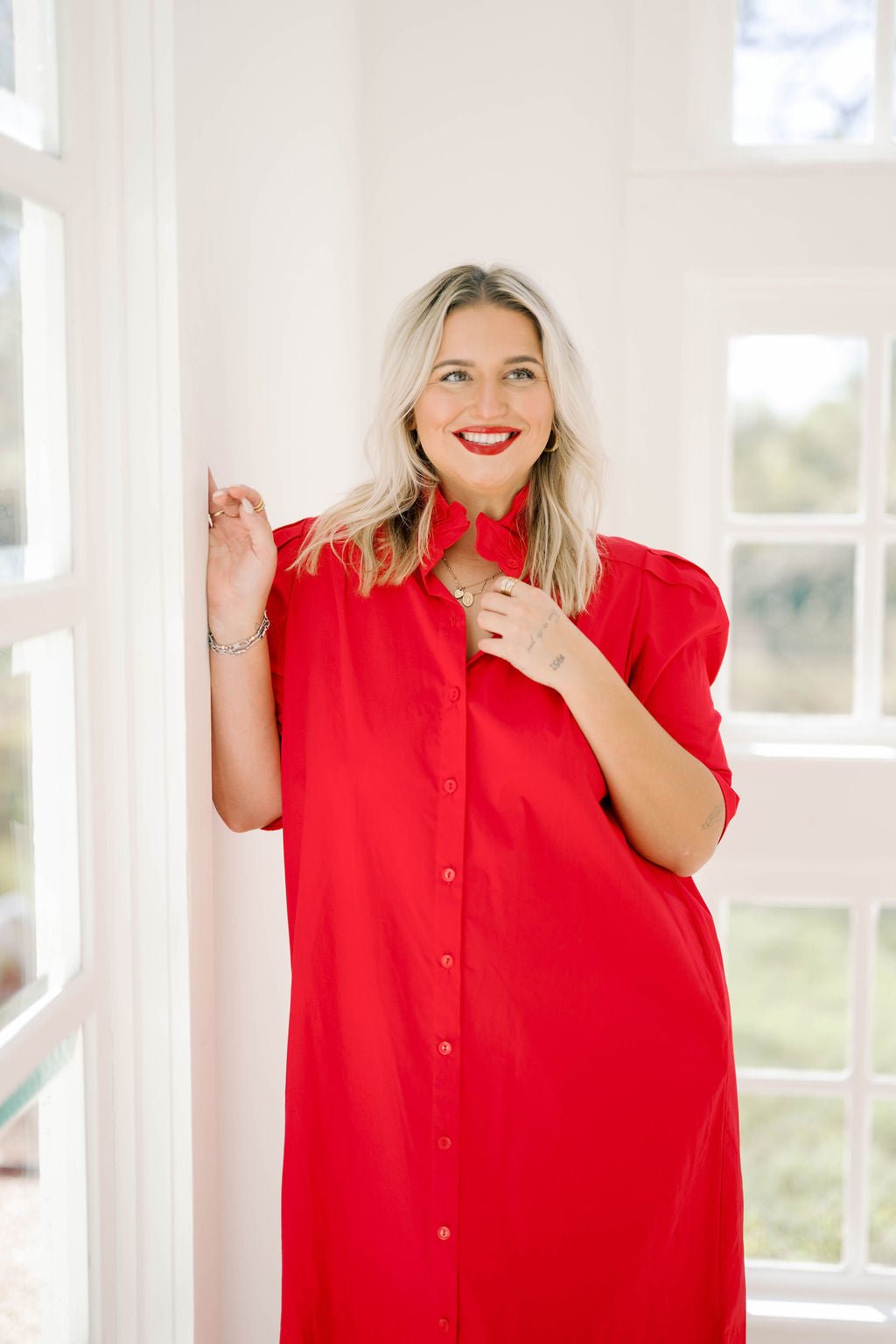 Cardinals Ruffle Collar Shirt Dress - Dresses - Adrienne