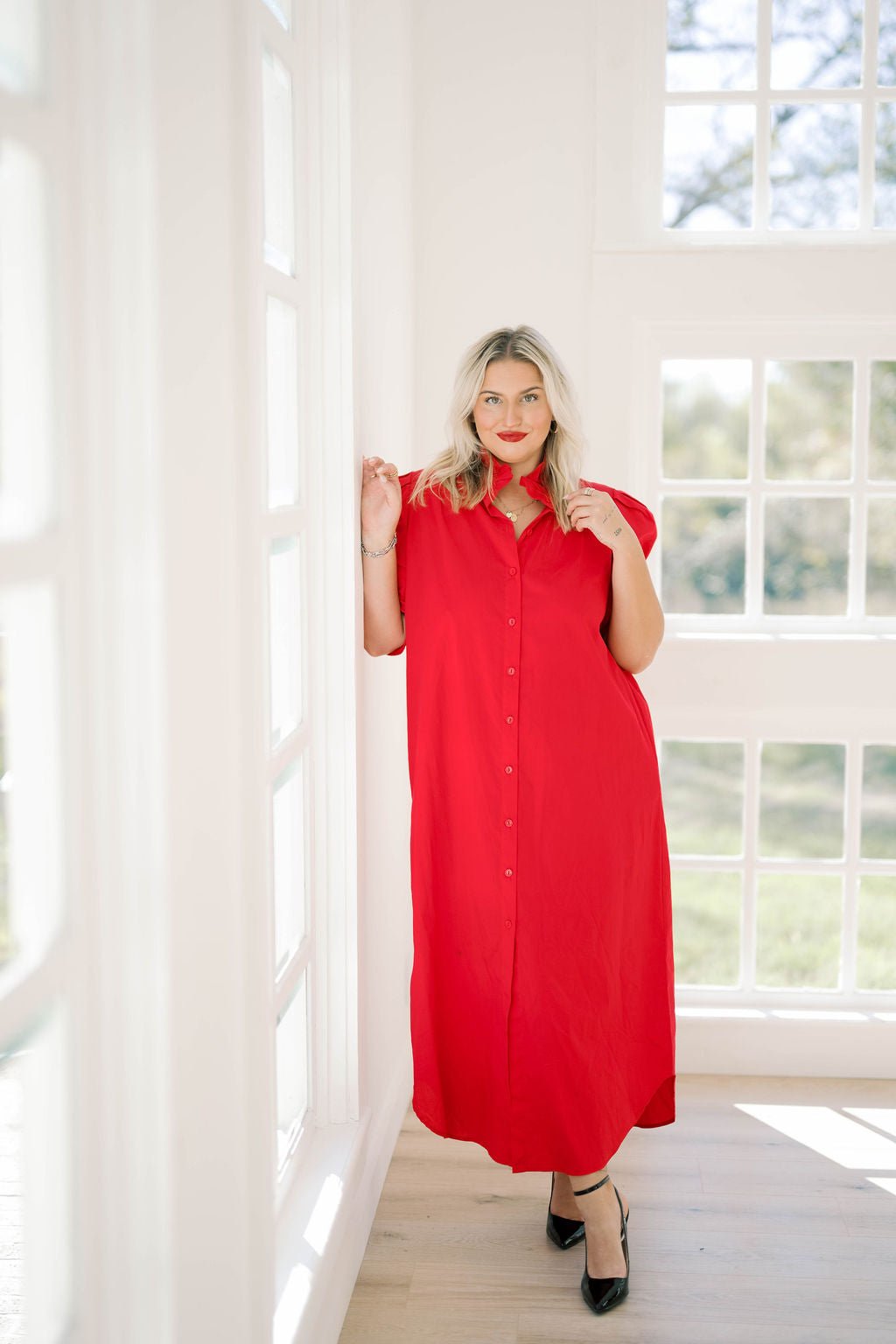 Cardinals Ruffle Collar Shirt Dress - Dresses - Adrienne