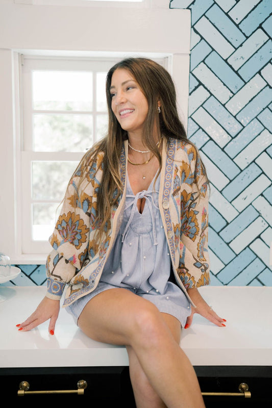 Classic Charm Pearl Denim Romper - Rompers - Peach Love CA