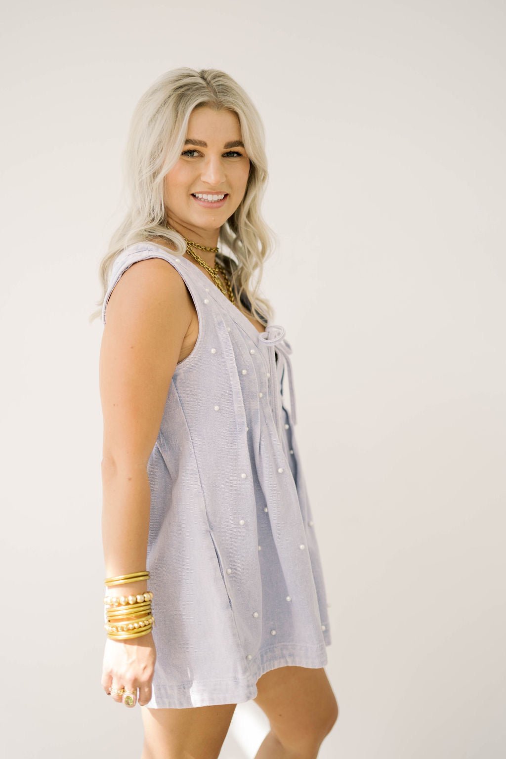 Classic Charm Pearl Denim Romper - Rompers - Peach Love CA