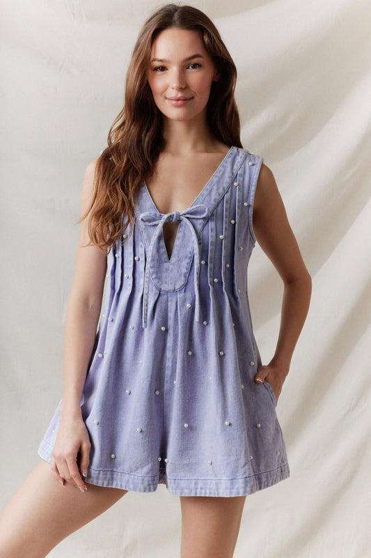 Classic Charm Pearl Denim Romper - Rompers - Peach Love CA