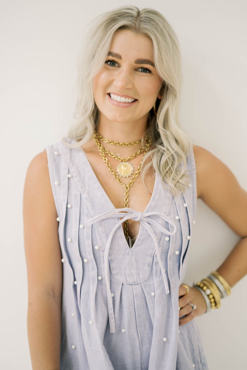 Classic Charm Pearl Denim Romper - Rompers - Peach Love CA