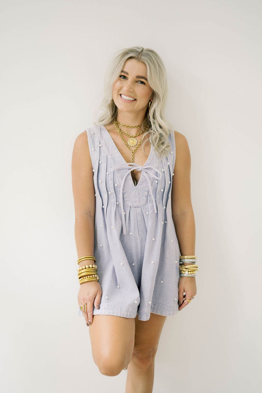 Classic Charm Pearl Denim Romper - Rompers - Peach Love CA