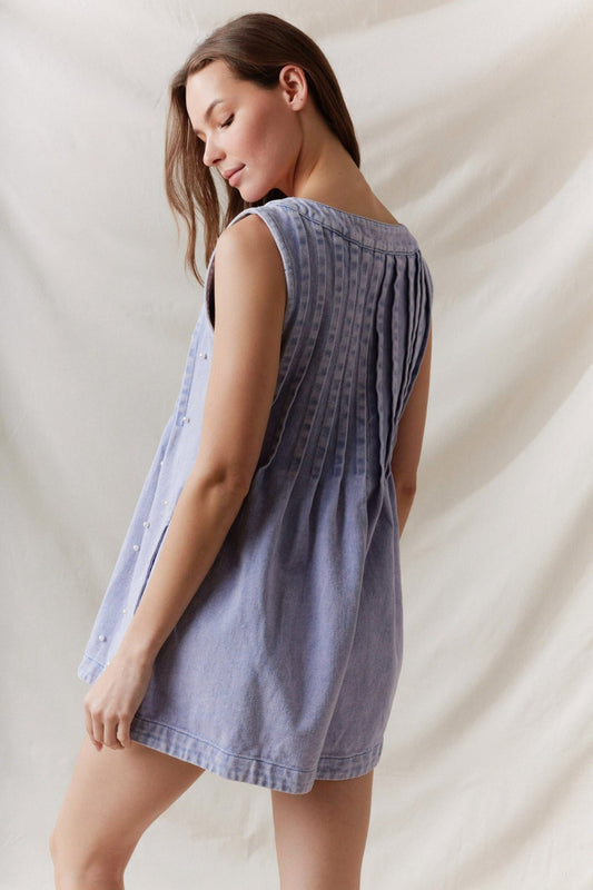 Classic Charm Pearl Denim Romper - Rompers - Peach Love CA