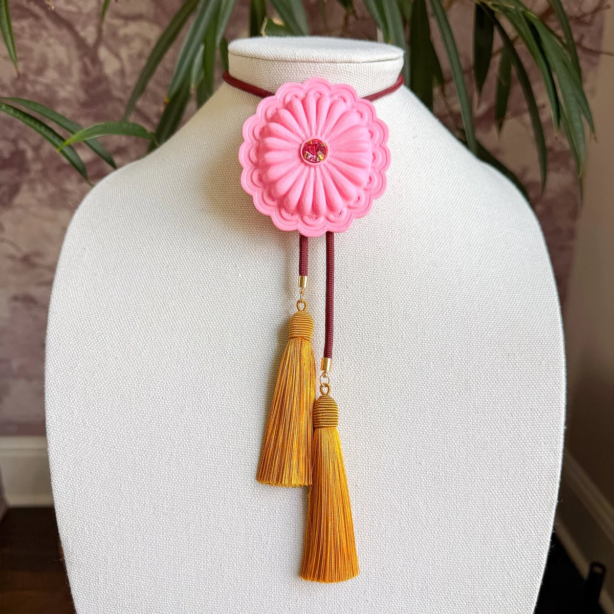Concho Bolo Bubblegum Pink with Maroon & Golden Yellow - Jewelry - Necklaces - Rahya