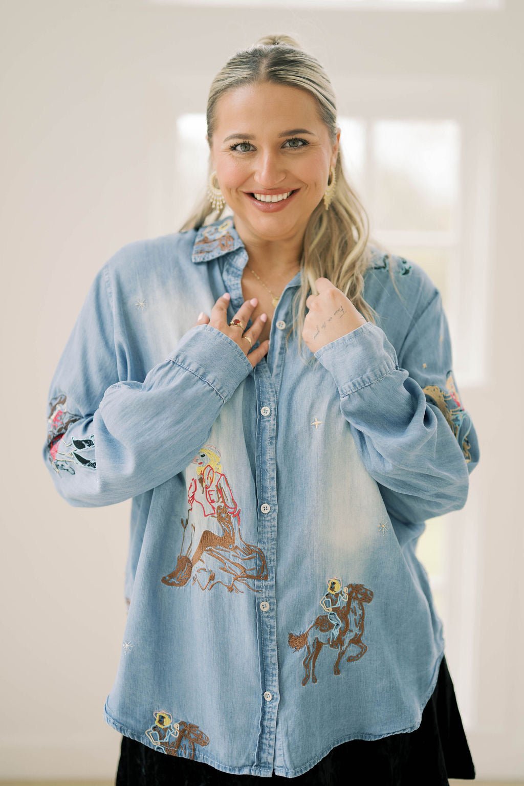 Cowgirl Up Denim Embroidered Top - Tops - Blouses - Blue B