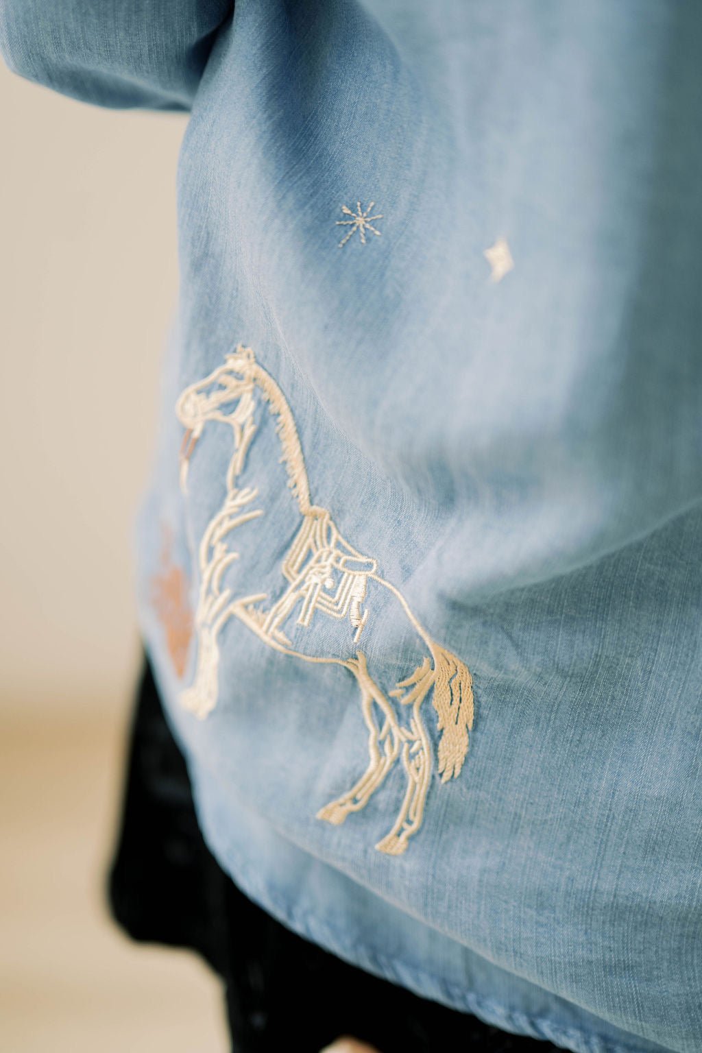 Cowgirl Up Denim Embroidered Top - Tops - Blouses - Blue B