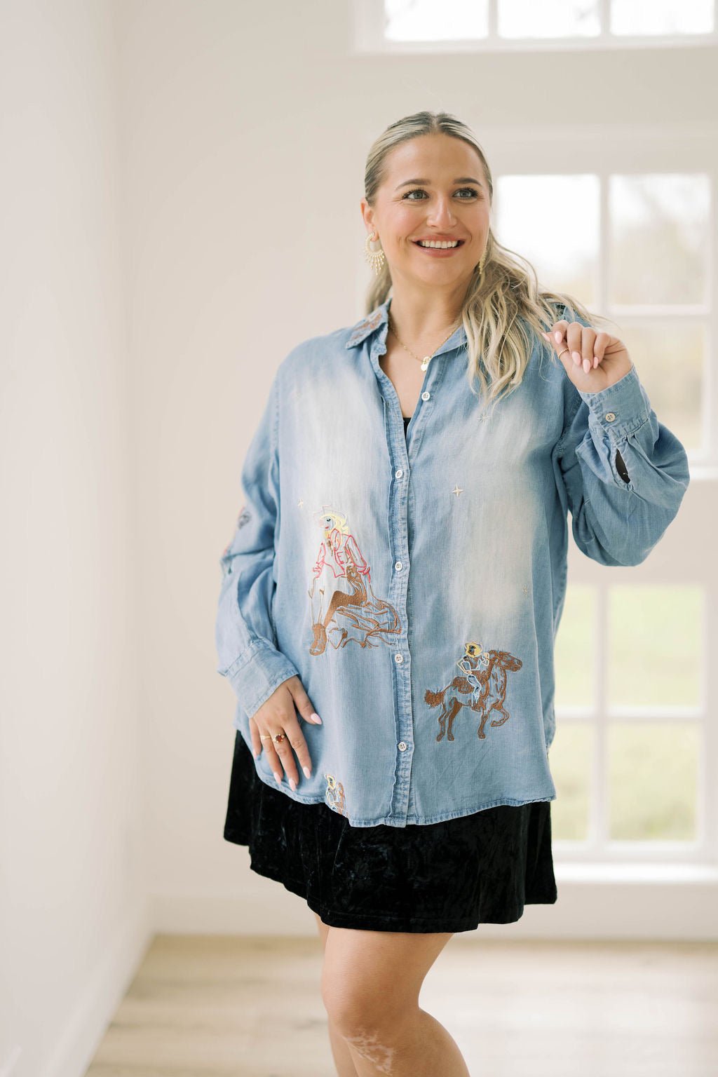 Cowgirl Up Denim Embroidered Top - Tops - Blouses - Blue B