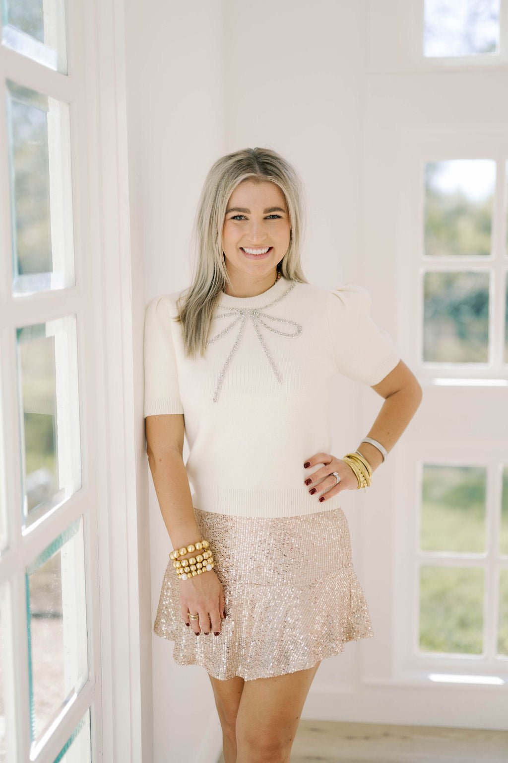 Cozy Cues Rhinestone Bow Sweater - Tops - Sweaters - She & Sky